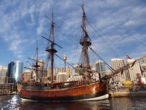 The Endeavour replica, moored at tha maritime museum.
